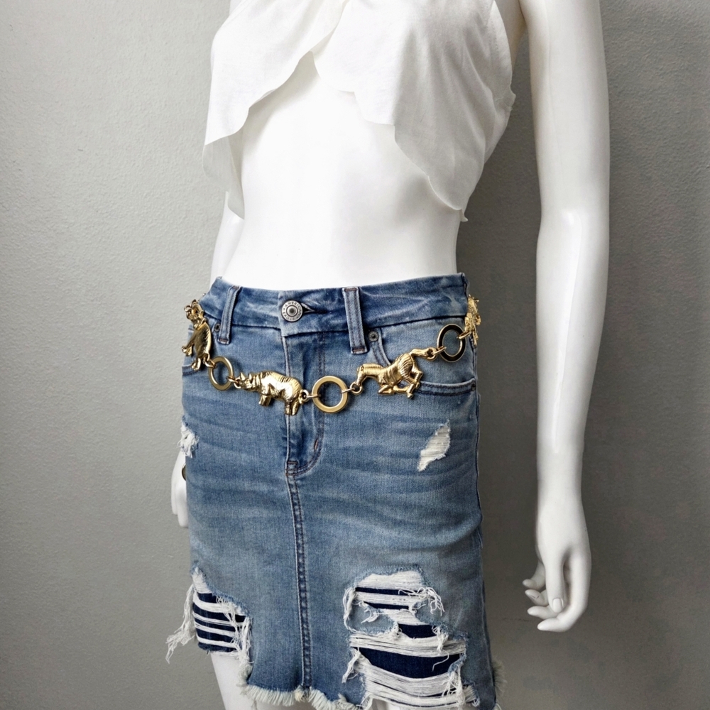 Vintage 80s Gold Tone Metal Animals / Elephant Zebra Rhino Cheetah / Chain Belt - Picture 10 of 10